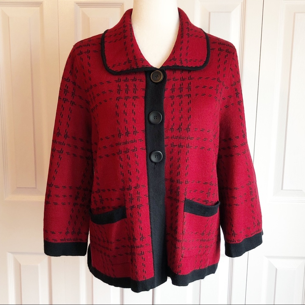Mercer Street Studio Red & Black Print Button Up Cardigan Sweater Large